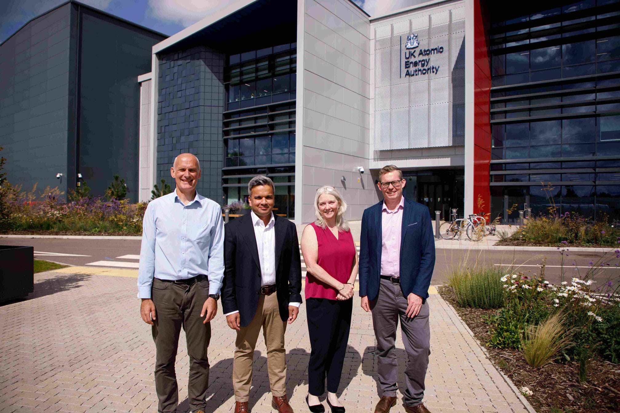 UKAEA appoints STEP directors. Pictured at UKAEA's Culham Campus in Oxfordshire, L-R: Prof Chris Waldon, Sounak (Sho) Dutta, Debbie Kempton and Dr James R Cowan.